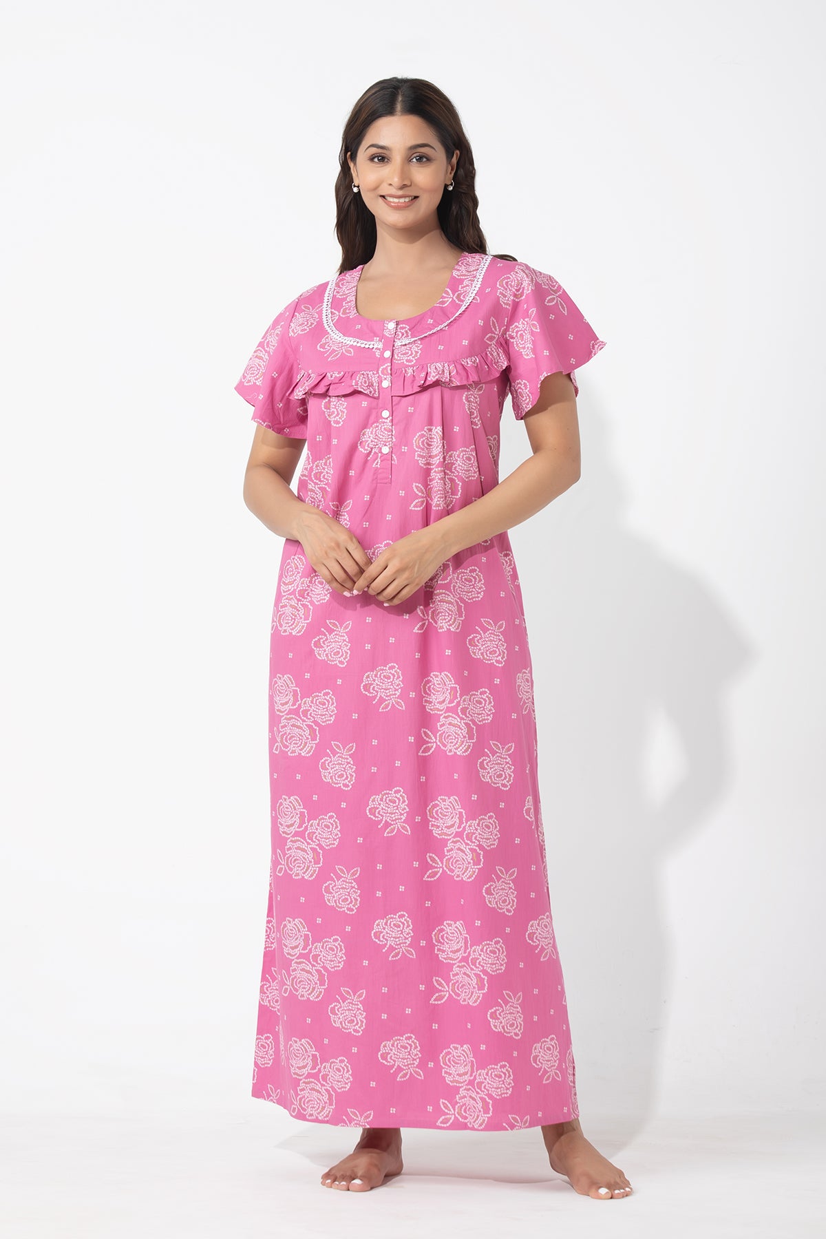 Bandhej Floral Printed Pink Nighty with Ruffle Yoke