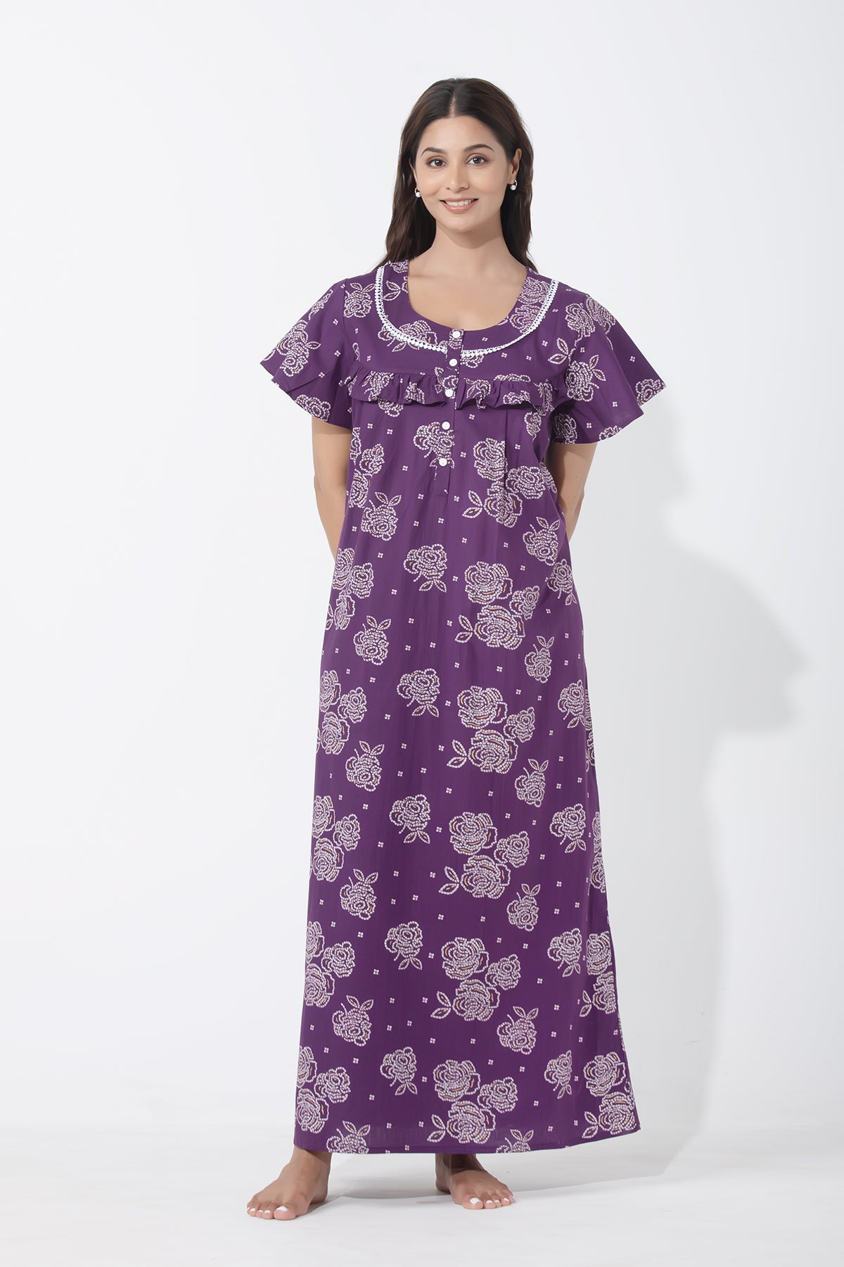 Bandhej Floral Printed Purple Nighty with Ruffle Yoke