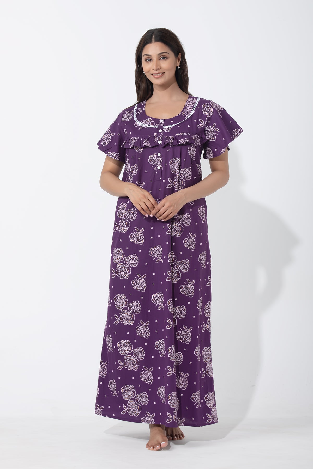 Bandhej Floral Printed Purple Nighty with Ruffle Yoke