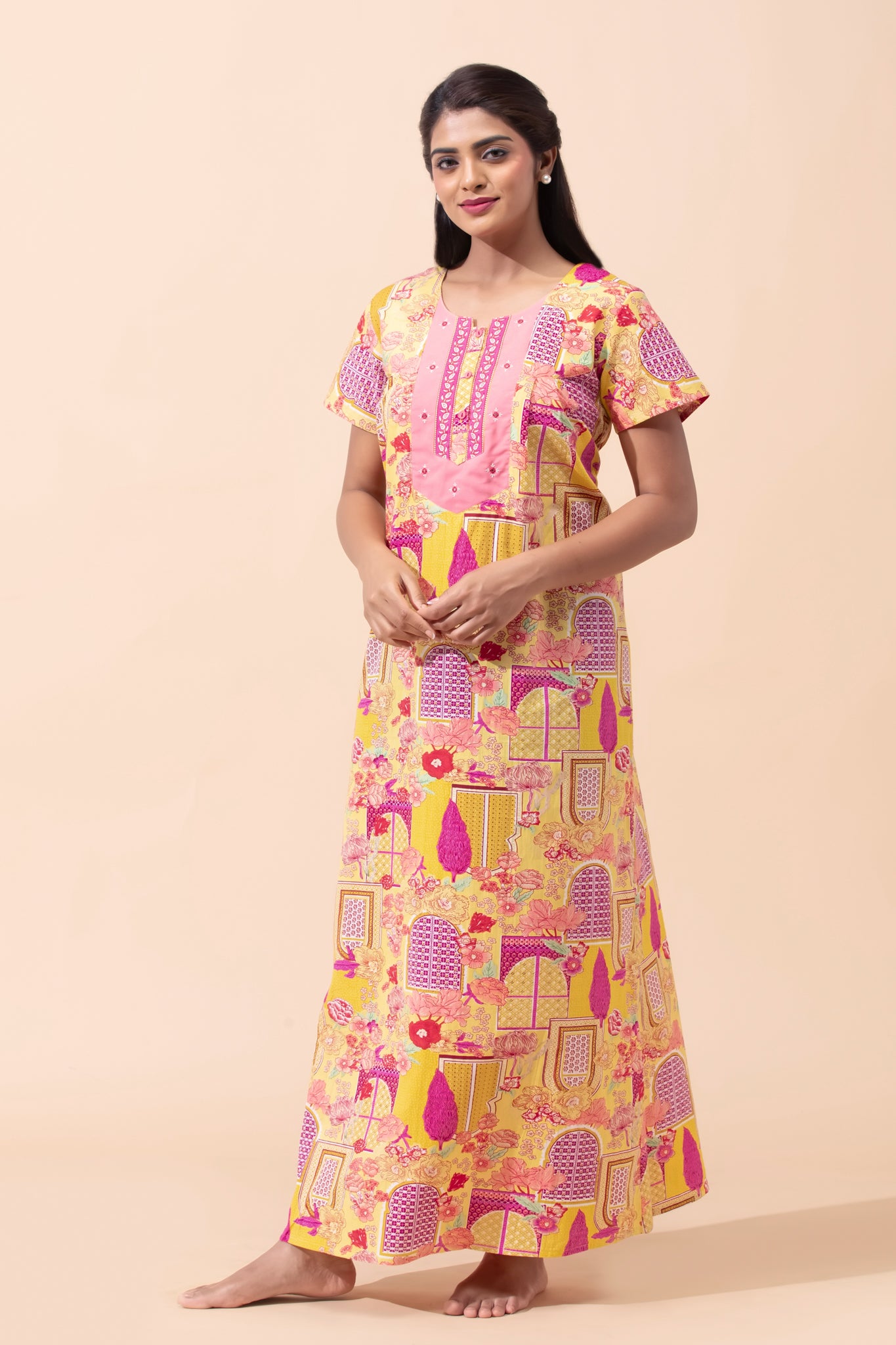 Yellow Jharokha Floral Cotton Nightwear