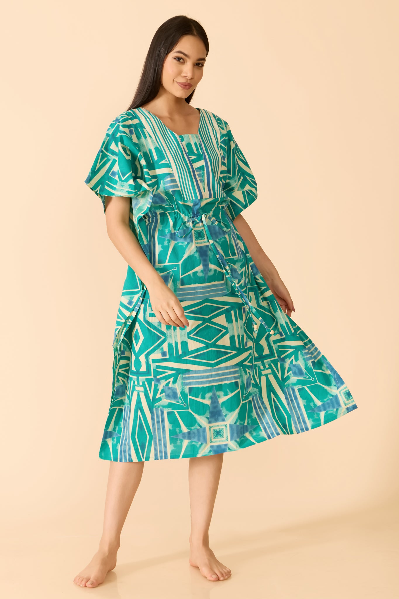 TURQUOISE ABSTRACT COTTON KAFTAN NIGHTWEAR
