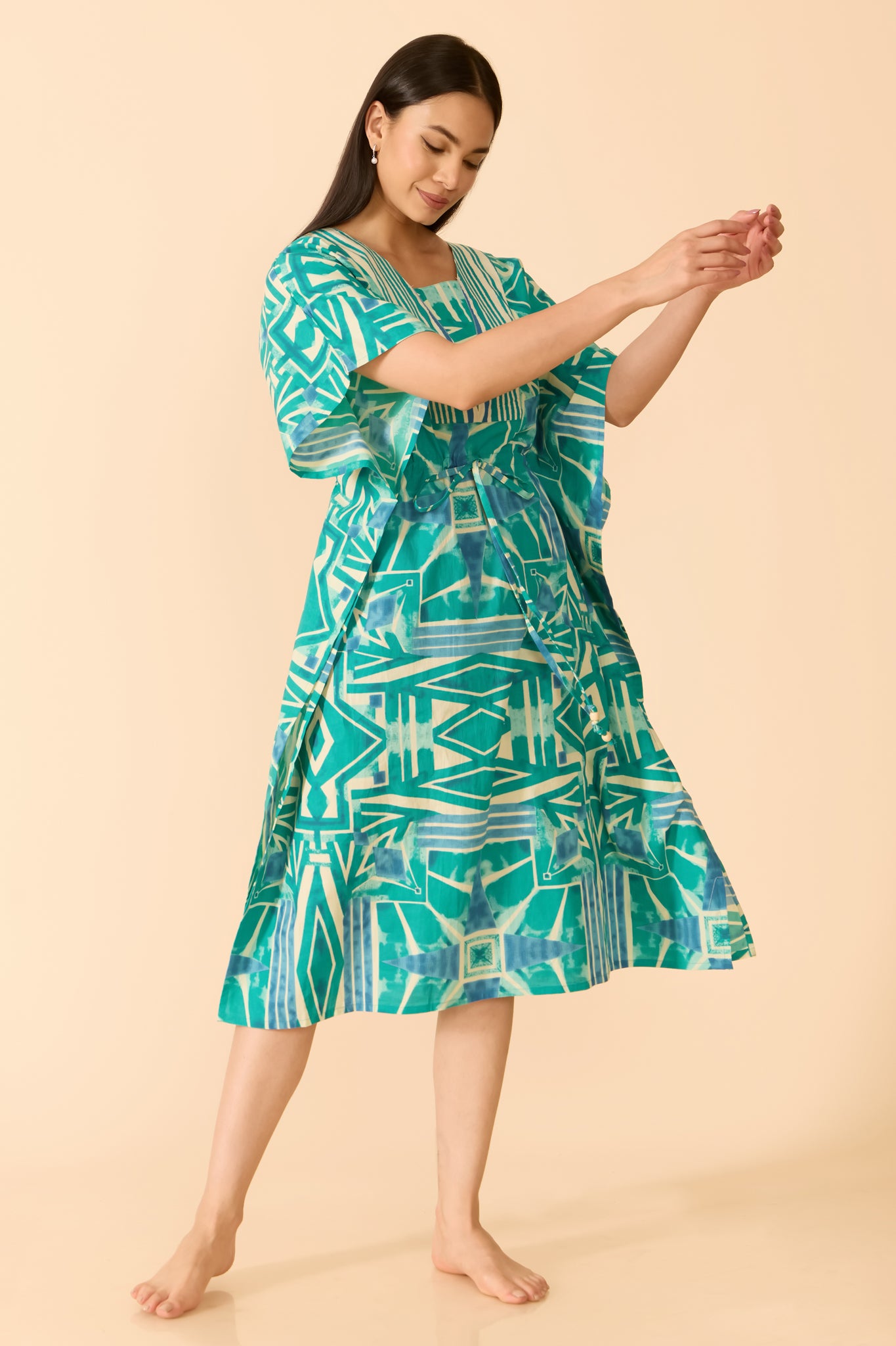 TURQUOISE ABSTRACT COTTON KAFTAN NIGHTWEAR
