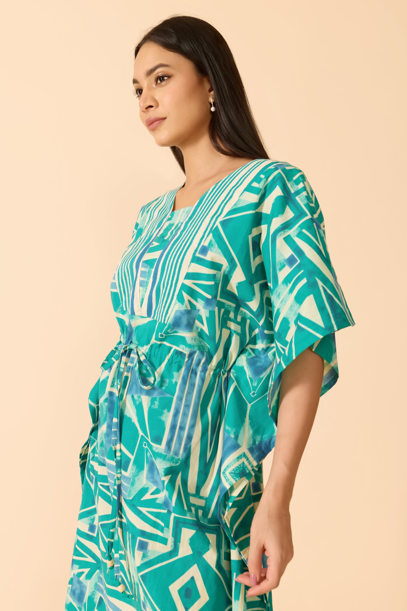 TURQUOISE ABSTRACT COTTON KAFTAN NIGHTWEAR