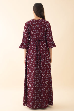 Floral Printed Nighty with Back Tie-up - Maroon
