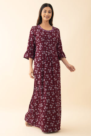 Floral Printed Nighty with Back Tie-up - Maroon