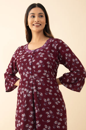 Floral Printed Nighty with Back Tie-up - Maroon