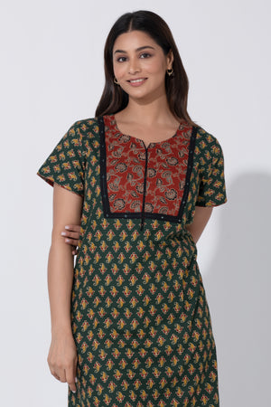 Green Floral Nighty with Ajrakh Patterned Yoke