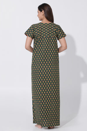 Green Floral Nighty with Ajrakh Patterned Yoke