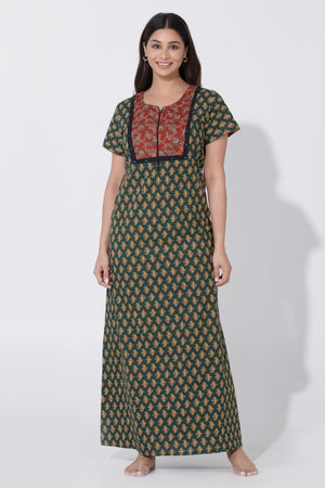 Green Floral Nighty with Ajrakh Patterned Yoke