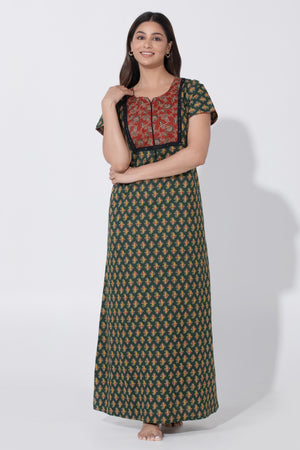 Green Floral Nighty with Ajrakh Patterned Yoke