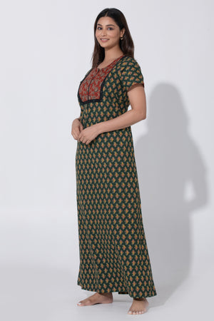 Green Floral Nighty with Ajrakh Patterned Yoke