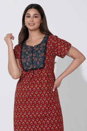 Maroon Ajrakh Nighty with Foil Mirror Work on Yoke