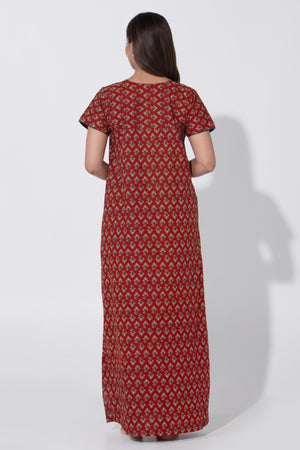 Maroon Ajrakh Nighty with Foil Mirror Work on Yoke