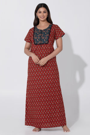 Maroon Ajrakh Nighty with Foil Mirror Work on Yoke