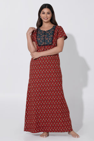 Maroon Ajrakh Nighty with Foil Mirror Work on Yoke