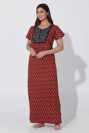 Maroon Ajrakh Nighty with Foil Mirror Work on Yoke