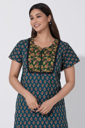 Turquoise Ajrakh Printed Nighty with Foil Mirror Work on Yoke