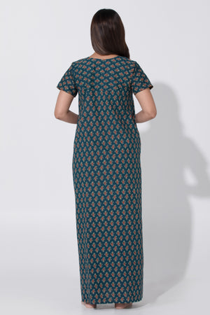 Turquoise Ajrakh Printed Nighty with Foil Mirror Work on Yoke