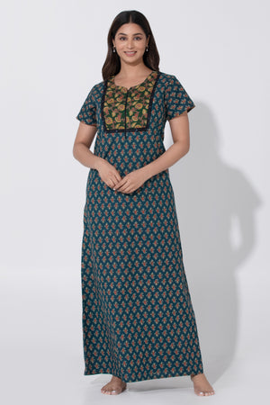 Turquoise Ajrakh Printed Nighty with Foil Mirror Work on Yoke