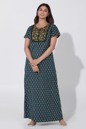 Turquoise Ajrakh Printed Nighty with Foil Mirror Work on Yoke