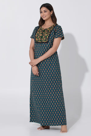 Turquoise Ajrakh Printed Nighty with Foil Mirror Work on Yoke