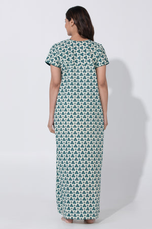 Beige & Blue Sapphire printed Cottton Nighty with Ruffled Yoke & Button Closure