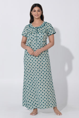 Beige & Blue Sapphire printed Cottton Nighty with Ruffled Yoke & Button Closure