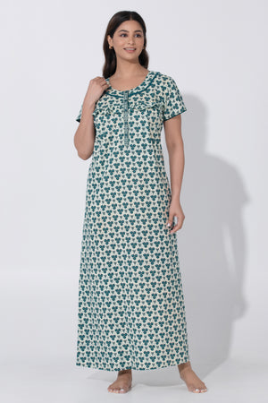 Beige & Blue Sapphire printed Cottton Nighty with Ruffled Yoke & Button Closure