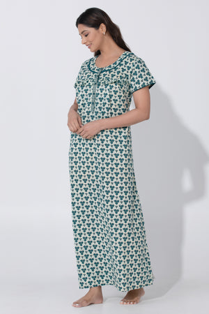Beige & Blue Sapphire printed Cottton Nighty with Ruffled Yoke & Button Closure