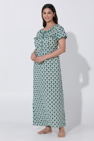 Beige & Blue Sapphire printed Cottton Nighty with Ruffled Yoke & Button Closure