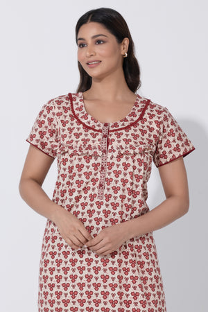 Beige & Maroon printed Cottton Nighty with Ruffled Yoke & Button Closure
