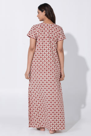 Beige & Maroon printed Cottton Nighty with Ruffled Yoke & Button Closure
