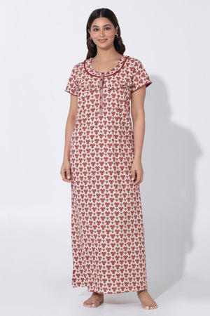 Beige & Maroon printed Cottton Nighty with Ruffled Yoke & Button Closure