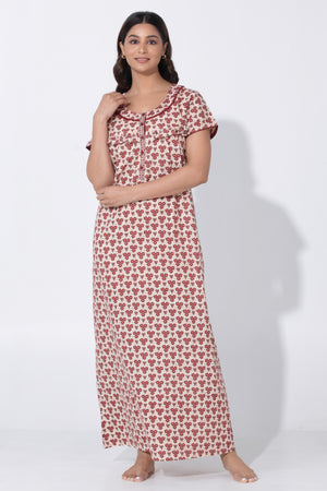 Beige & Maroon printed Cottton Nighty with Ruffled Yoke & Button Closure