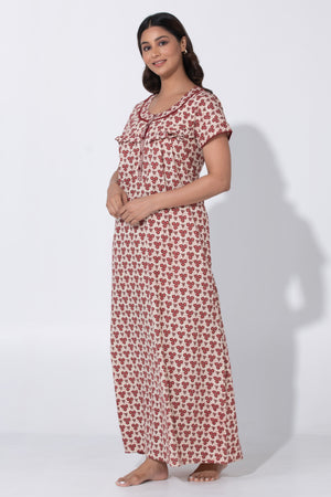 Beige & Maroon printed Cottton Nighty with Ruffled Yoke & Button Closure