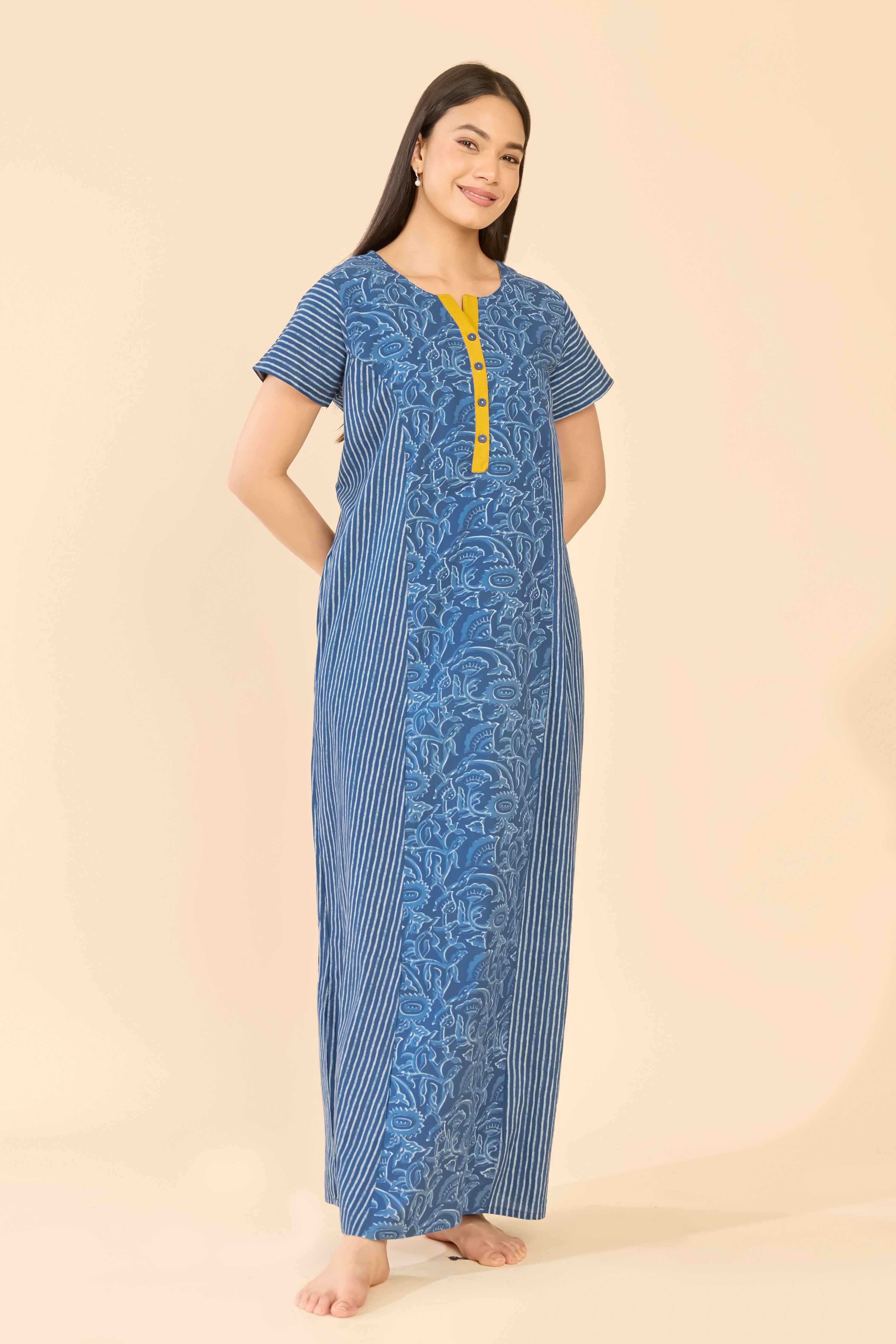 Blue Indigo Striped & Floral Cotton Nightwear