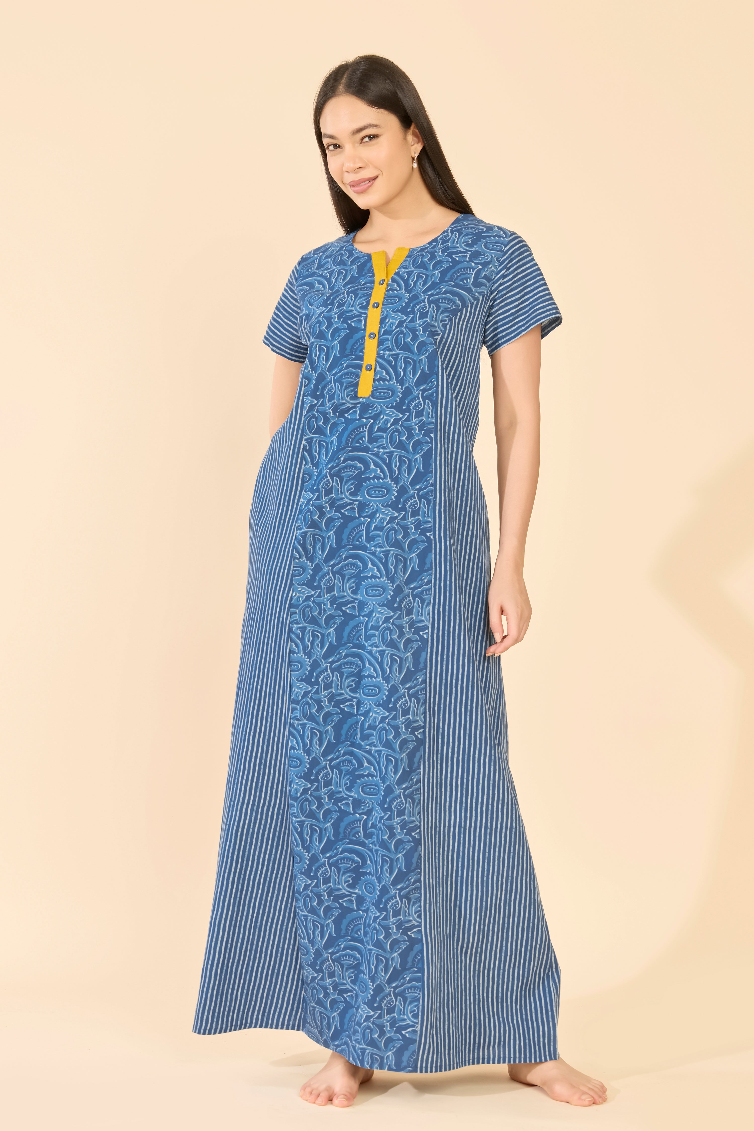 Blue Indigo Striped & Floral Cotton Nightwear