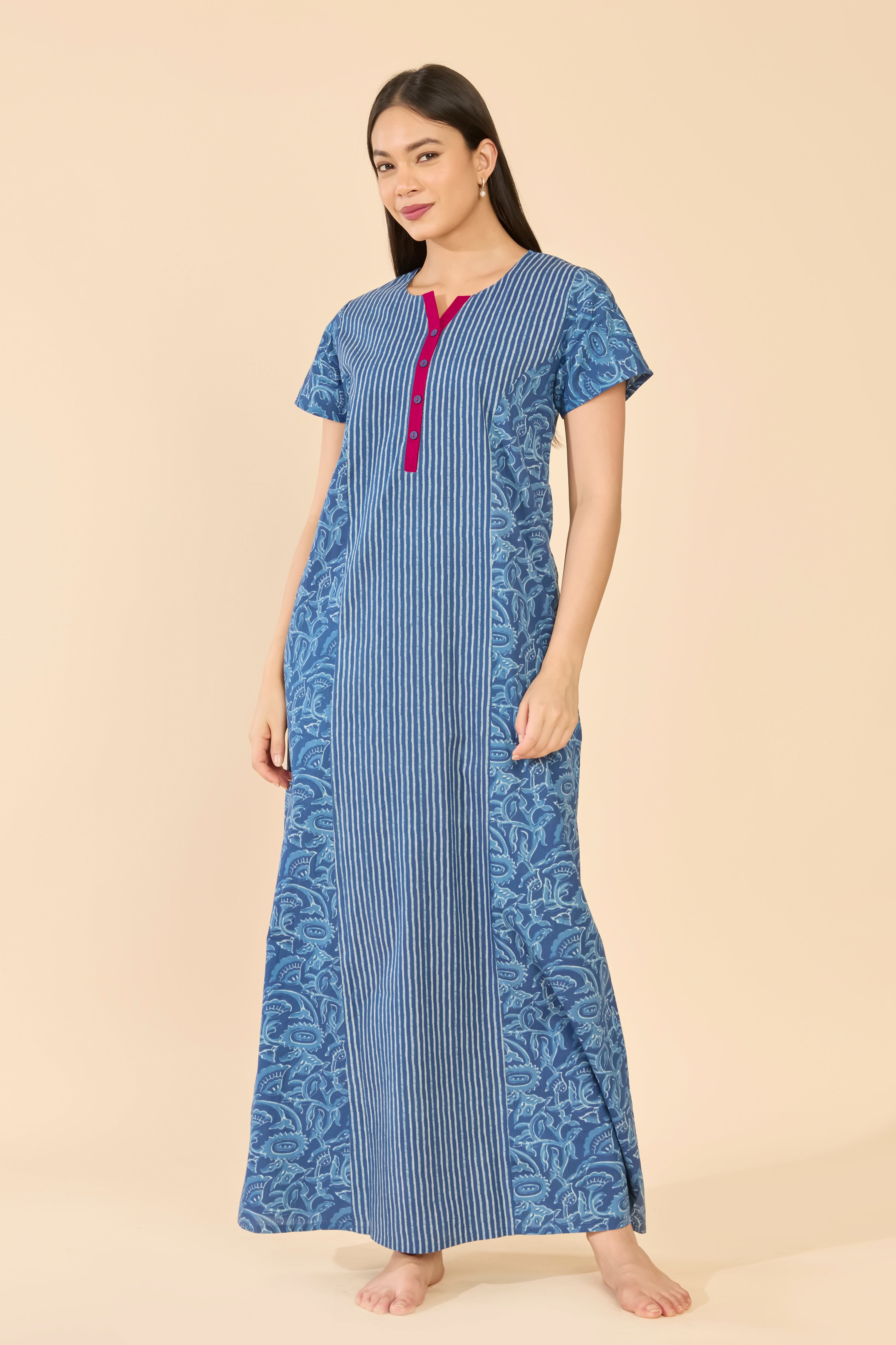 Blue Indigo Striped & Floral Cotton Nightwear