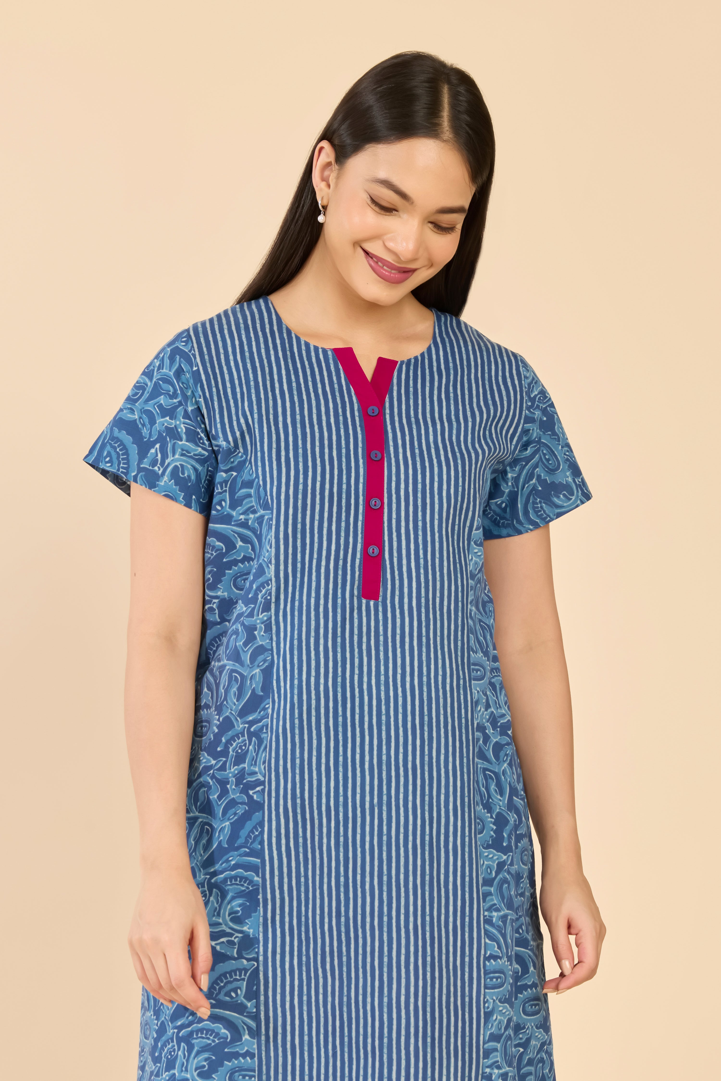 Blue Indigo Striped & Floral Cotton Nightwear