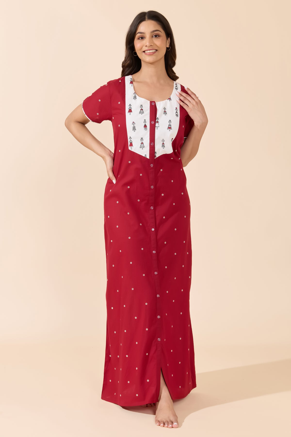 Cotton Front Open Nightwear With Printed Yoke