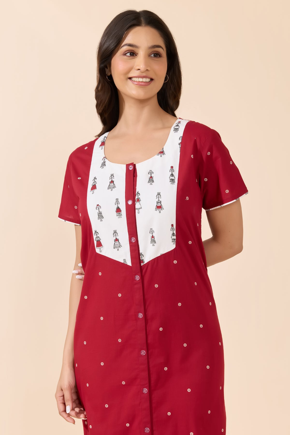 Cotton Front Open Nightwear With Printed Yoke