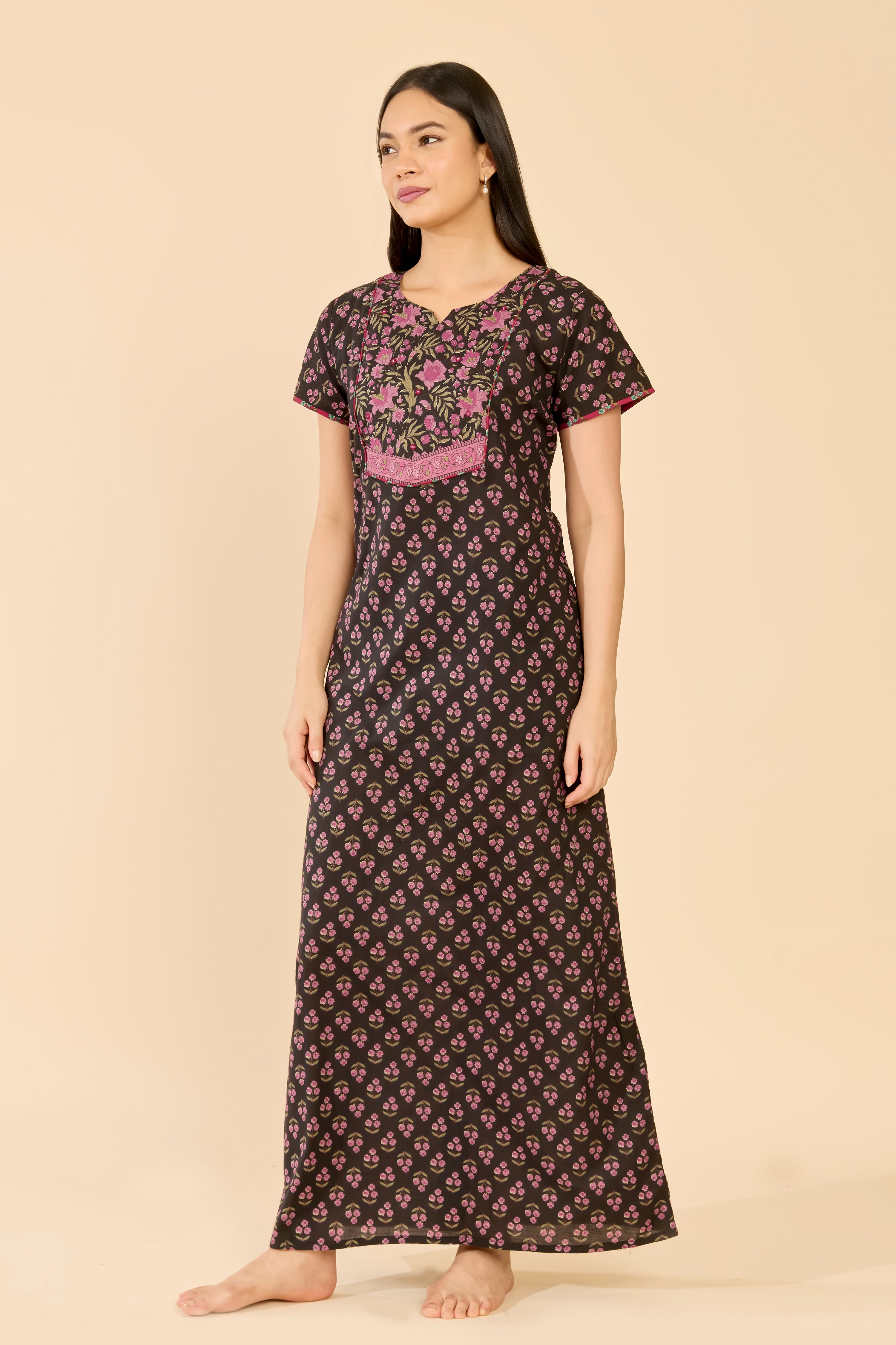 Black Floral Printed Cotton Nightwear