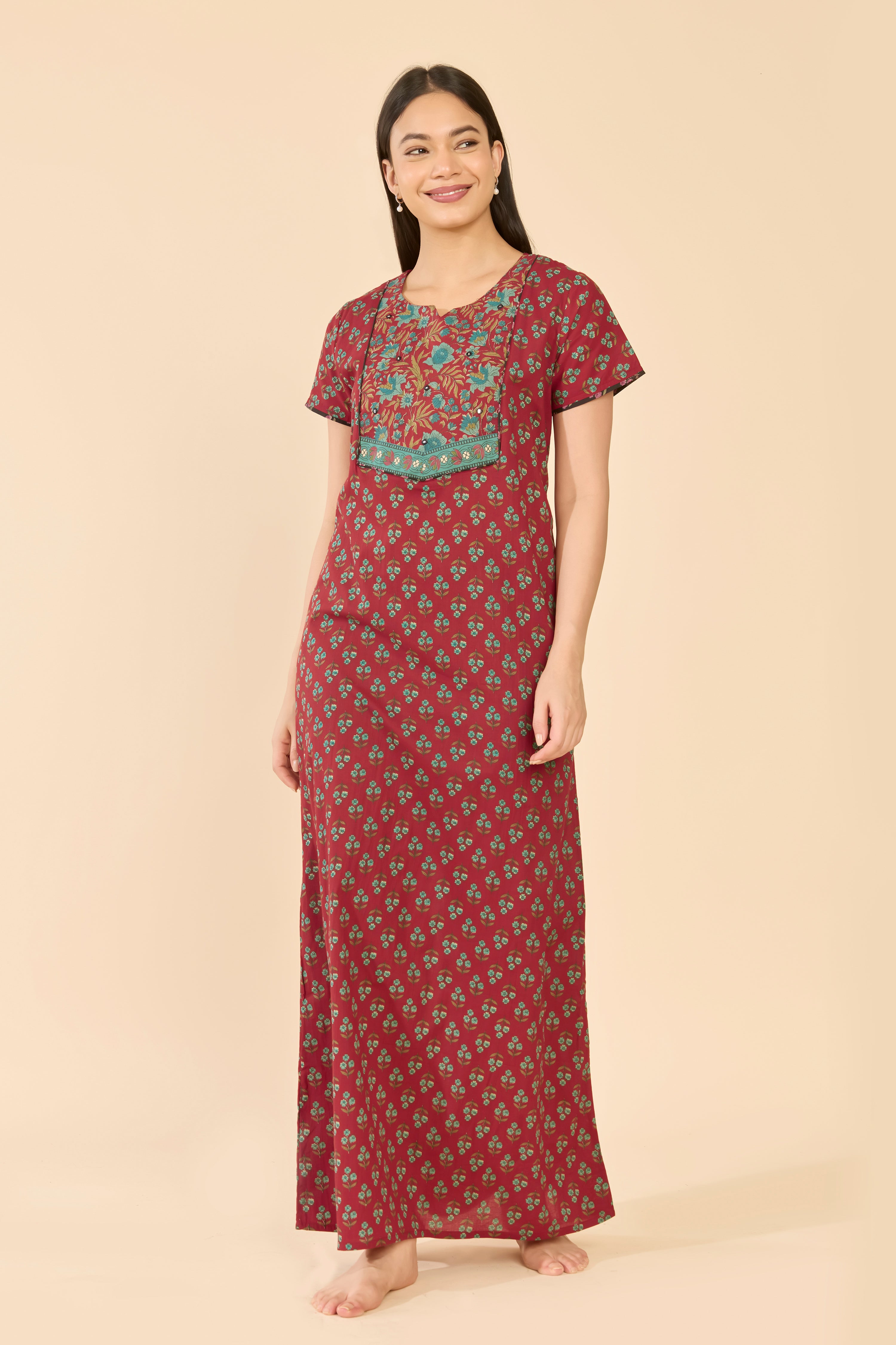 Red Floral Printed Cotton Nightwear