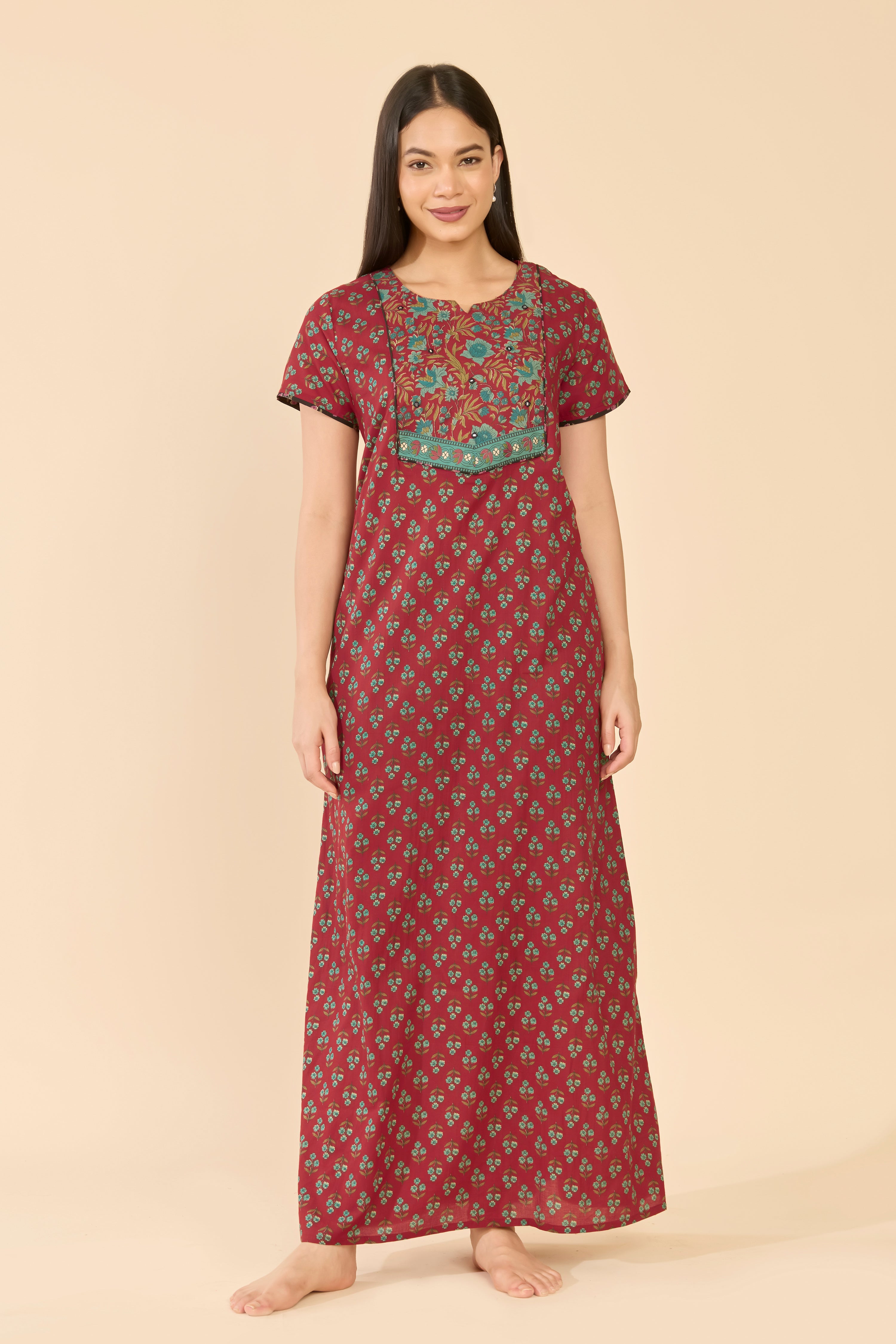 Red Floral Printed Cotton Nightwear