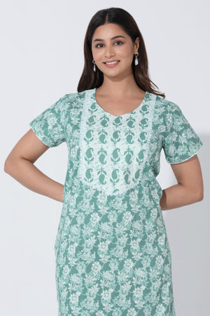 Green Printed Nighty with Paisley Patterned Yoke