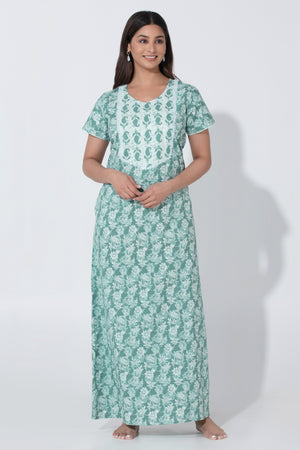 Green Printed Nighty with Paisley Patterned Yoke