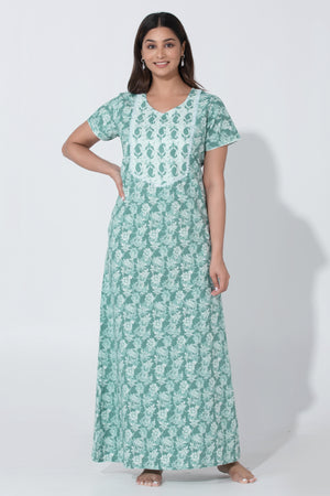 Green Printed Nighty with Paisley Patterned Yoke