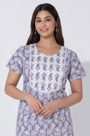 Purple Printed Nighty with Paisley Lace Yoke Design
