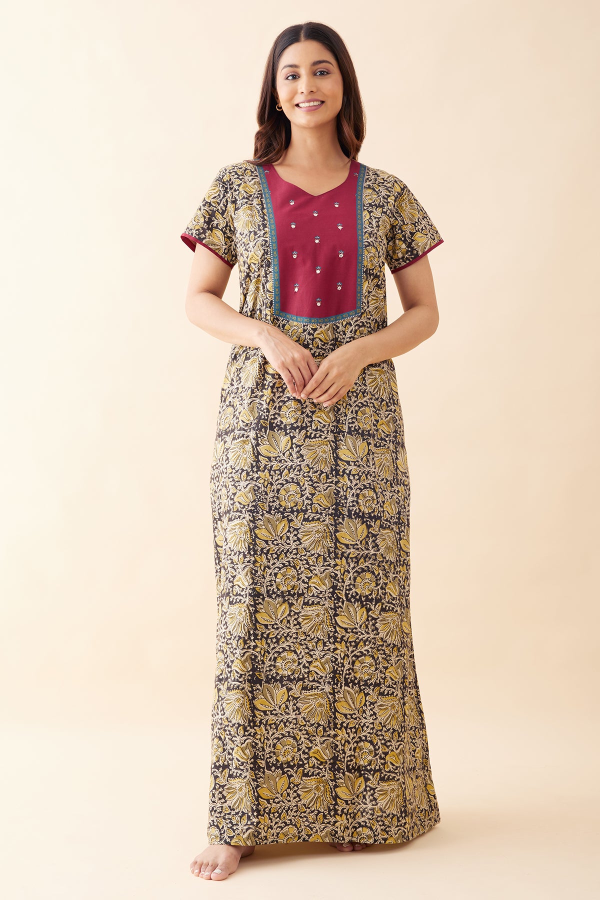 Kalamkari Embroidered Nighty - Black