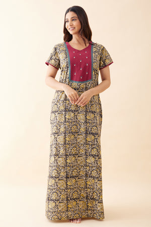 Kalamkari Embroidered Nighty - Black